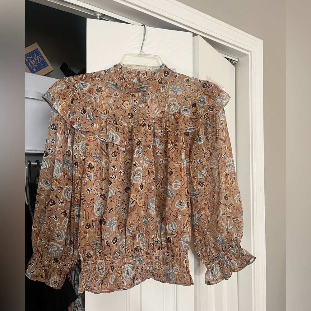 Ann Taylor Floral Ruffle Smocked Hem Blouse XXS